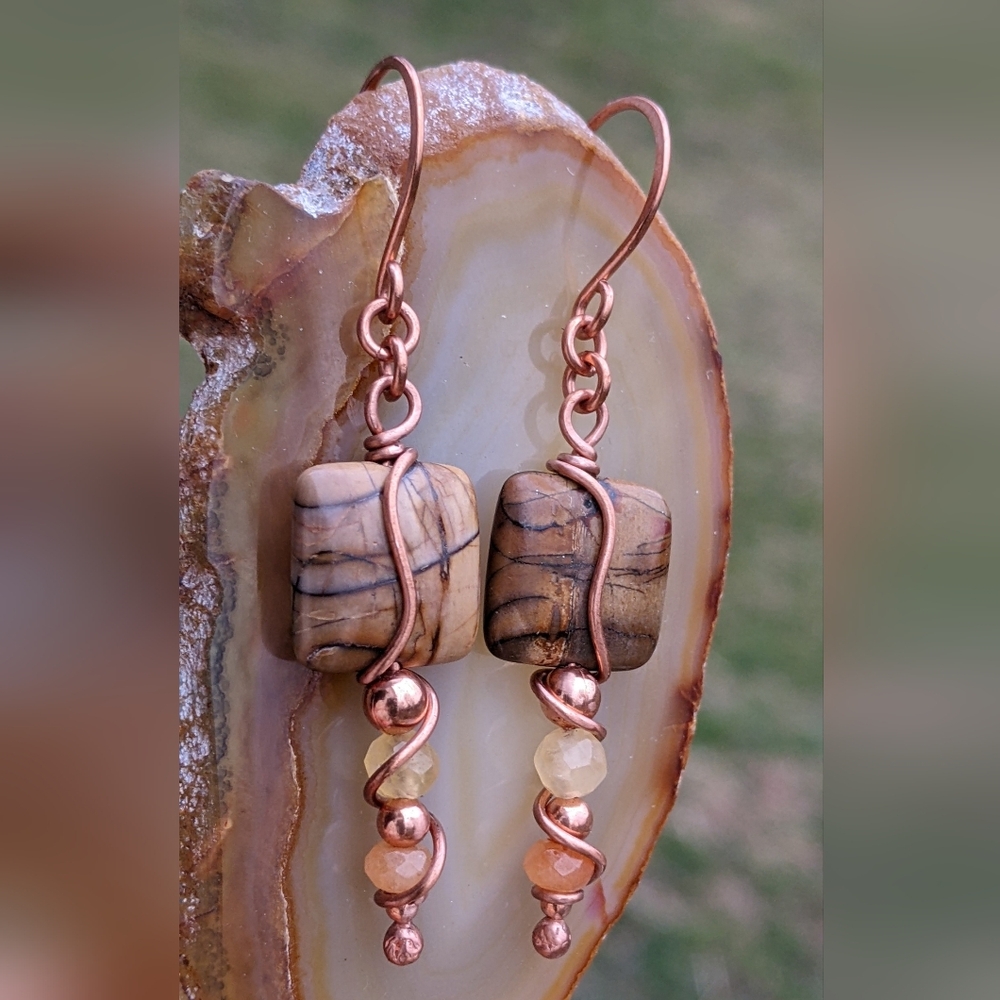 Desert Vibes Jasper Earrings Artisan Copper Wire Wrapped Design - Picture 8 of 12